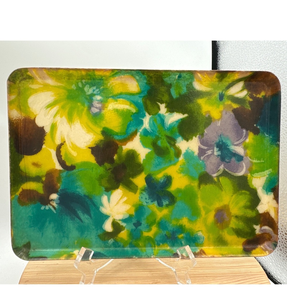 Vintage MCM Fiberglass Platter Green Blue Purple Floral Pansies 10" x 7"
